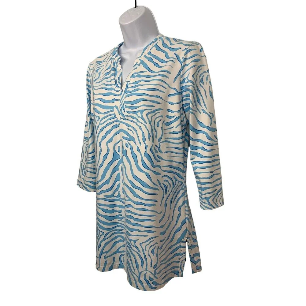 J. McLaughlin Women size S Blue Zebra Print Tunic Top Catalina Cloth 3/4 Sleeve - Picture 5 of 8
